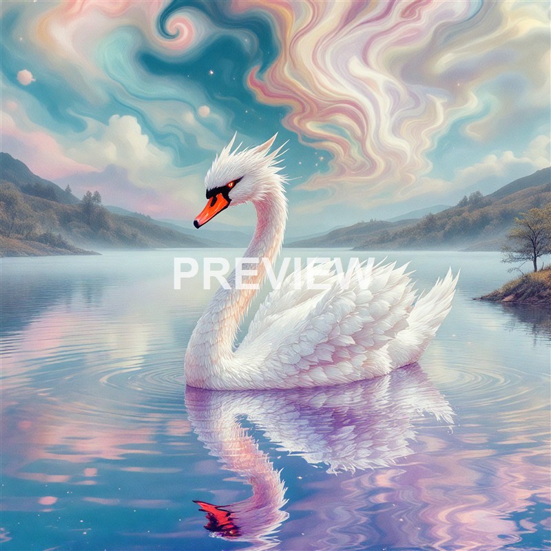 A majestic white swan with detailed feathers and an expressive face is floating on a serene lake with misty mountains and a colorful, swirling sky in the background.